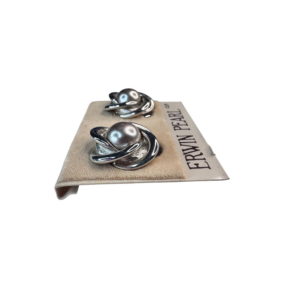 Erwin Pearl Clip On Earrings Silver Faux Pearl 1980s Vintage