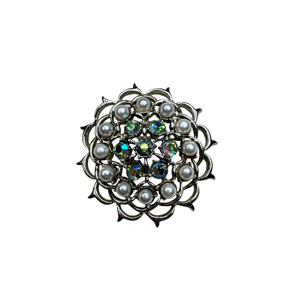 Sarah Coventry Brooch Green AB Faux Pearl Light Gold Floral 1960s Vintage