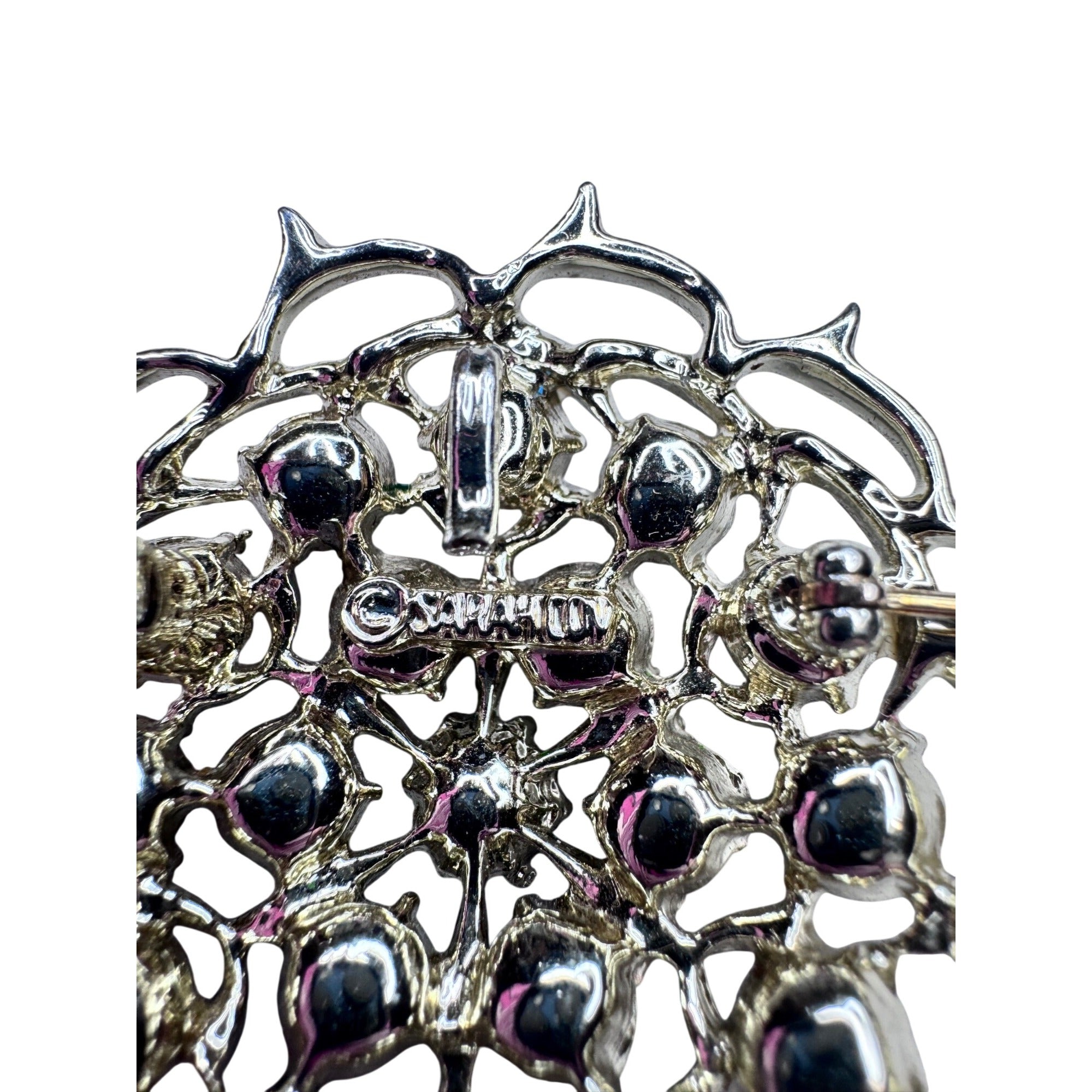 Sarah Coventry Brooch Green AB Faux Pearl Light Gold Floral 1960s Vintage