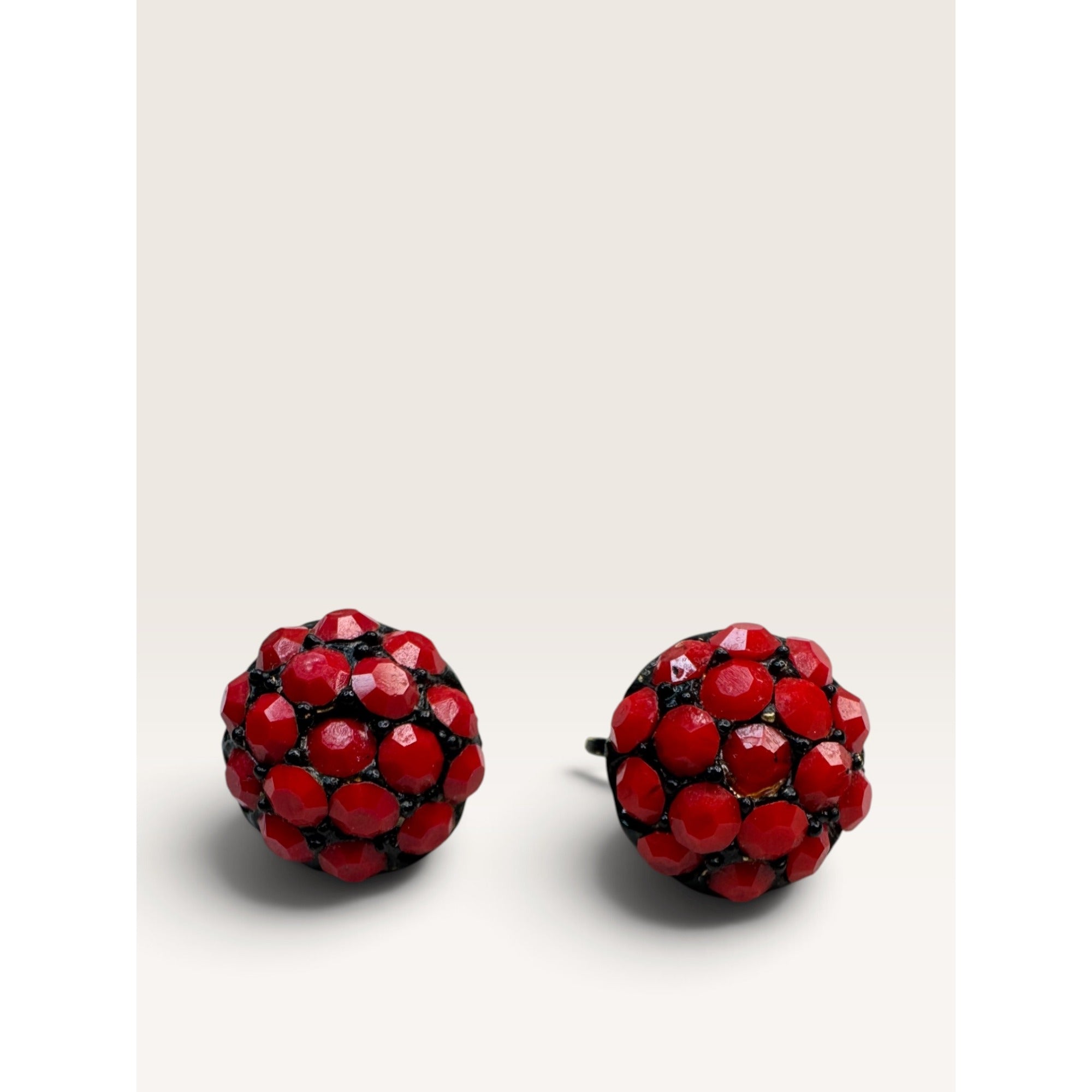 1960s Red Opaque Glass Rhinestone Pave Dome Clip Earrings .64" Vintage