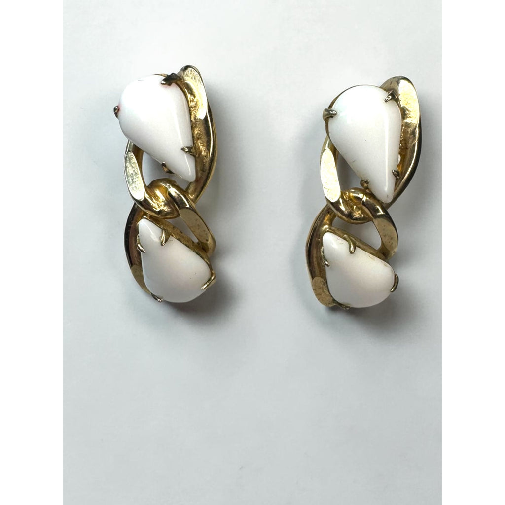 REINAD Milk Glass Gold Tone Twist Climber Clip Earrings Vintage 1950s