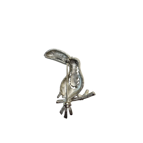 BSK Toucan Brooch Silver Tone Red Rhinestone Eye 1.93 Inch Vintage