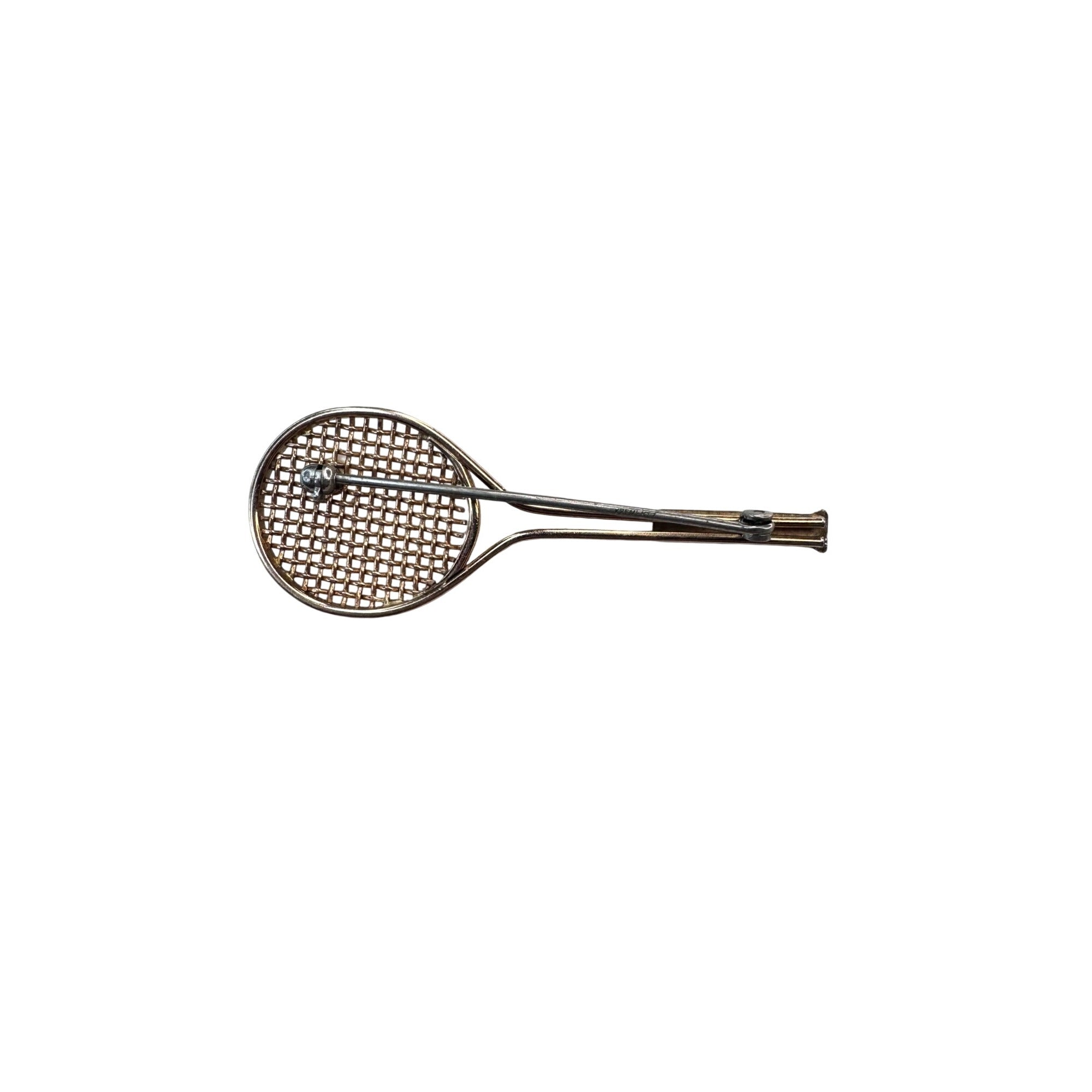 Krementz Tennis Racket Brooch With Pearl Gold Tone 2.22 Inch Vintage