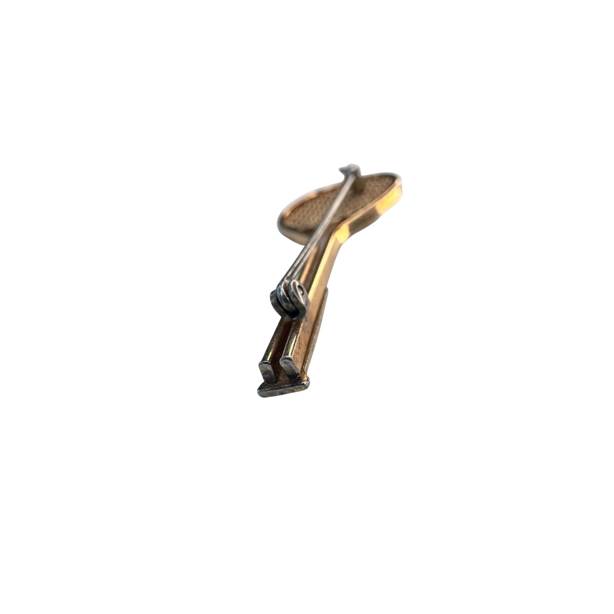 Krementz Tennis Racket Brooch With Pearl Gold Tone 2.22 Inch Vintage