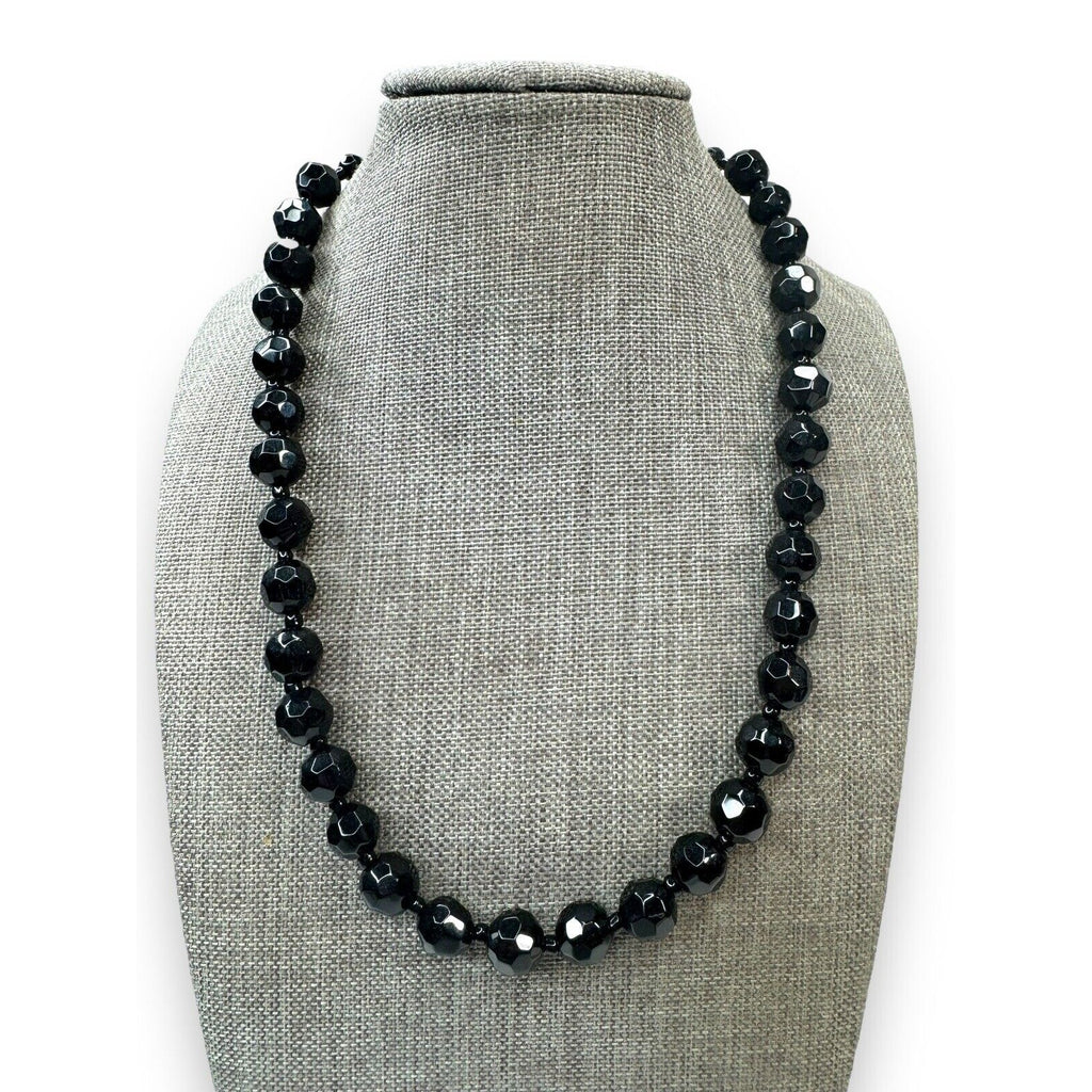 Vintage Black Molded Glass Beaded Necklace Adjustable 16"–18.5"