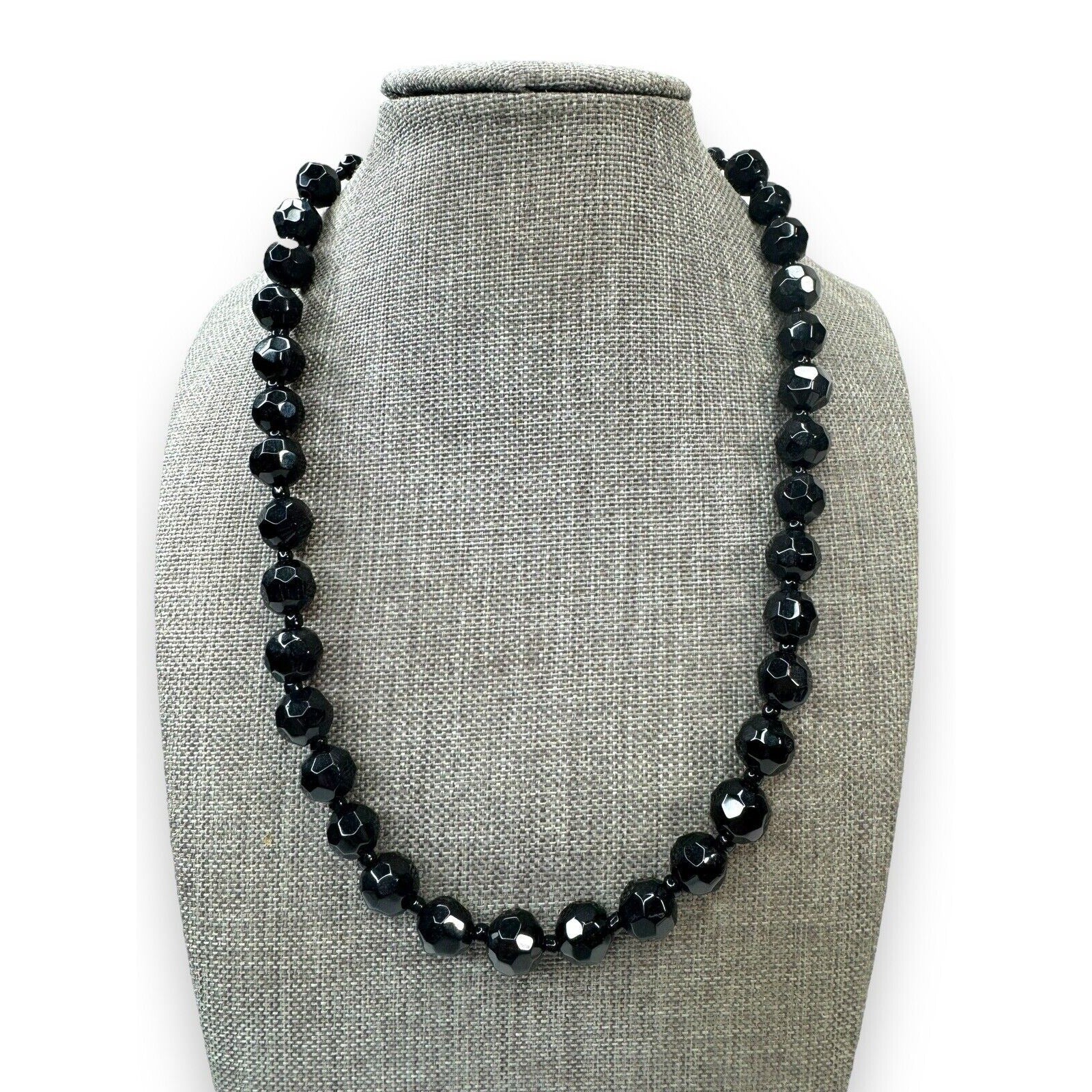 Vintage Black Molded Glass Beaded Necklace Adjustable 16"–18.5"