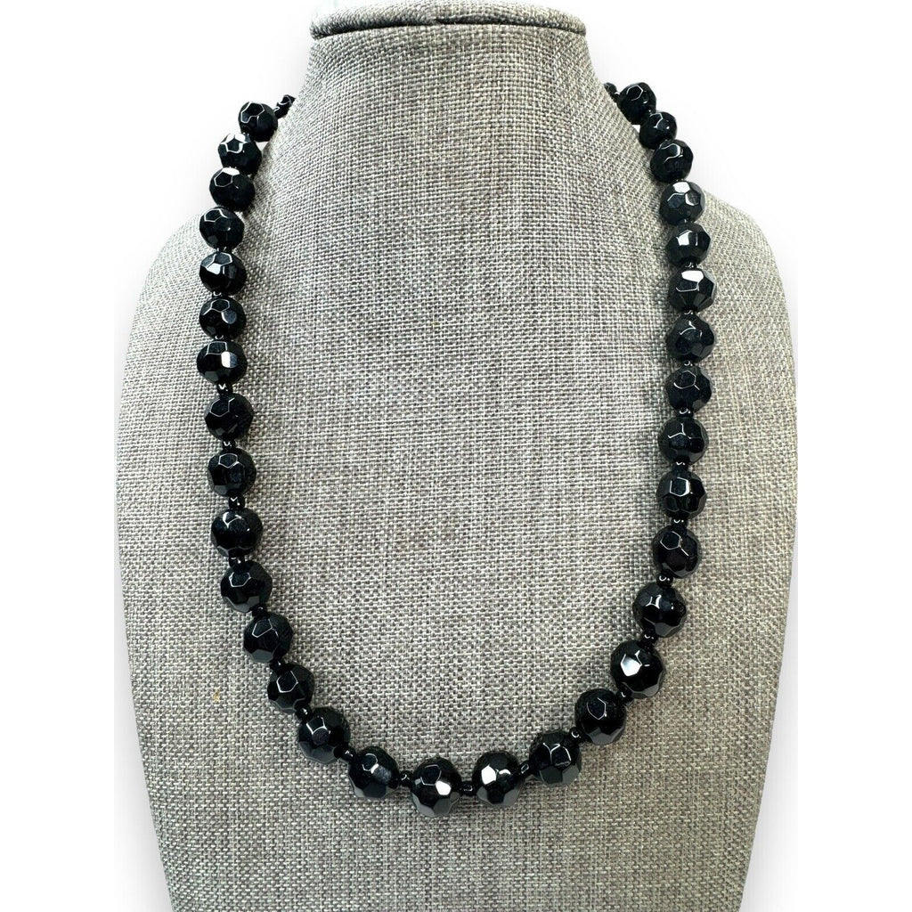 Vintage Black Molded Glass Beaded Necklace Adjustable 16"–18.5"