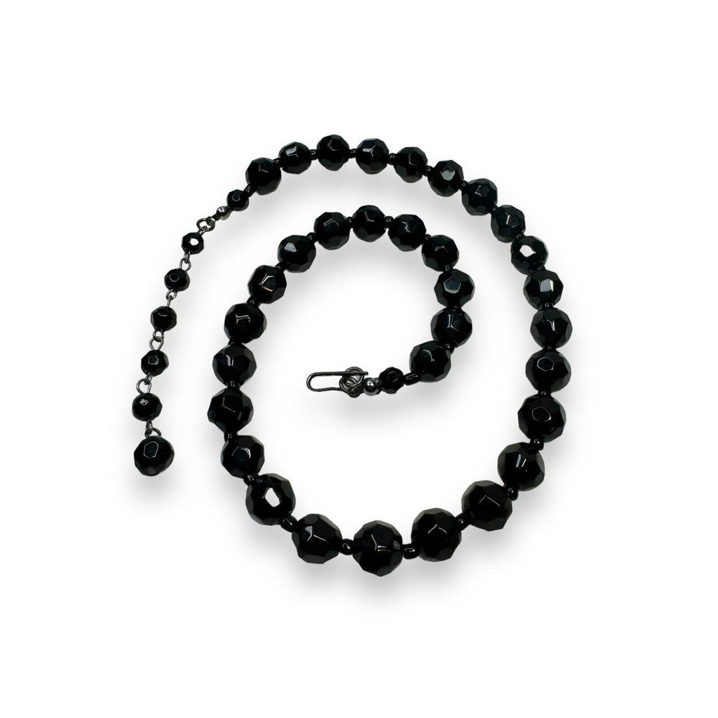 Vintage Black Molded Glass Beaded Necklace Adjustable 16"–18.5"