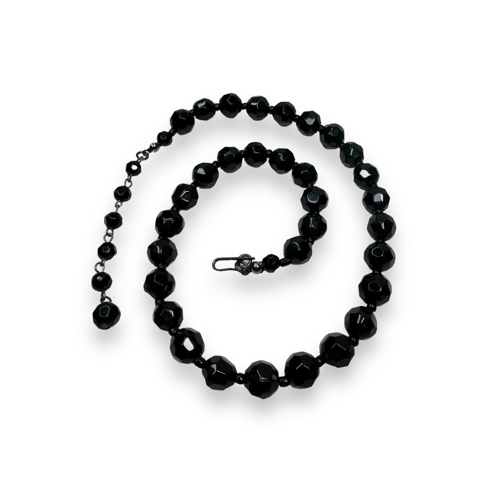 Vintage Black Molded Glass Beaded Necklace Adjustable 16"–18.5"