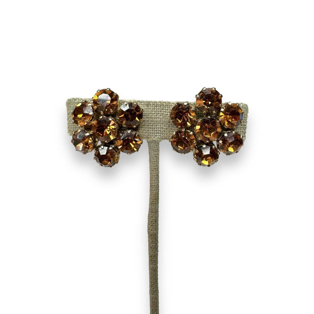 Weiss Vintage Brown Amber Rhinestone Clip On Earrings Gold Tone 1950s