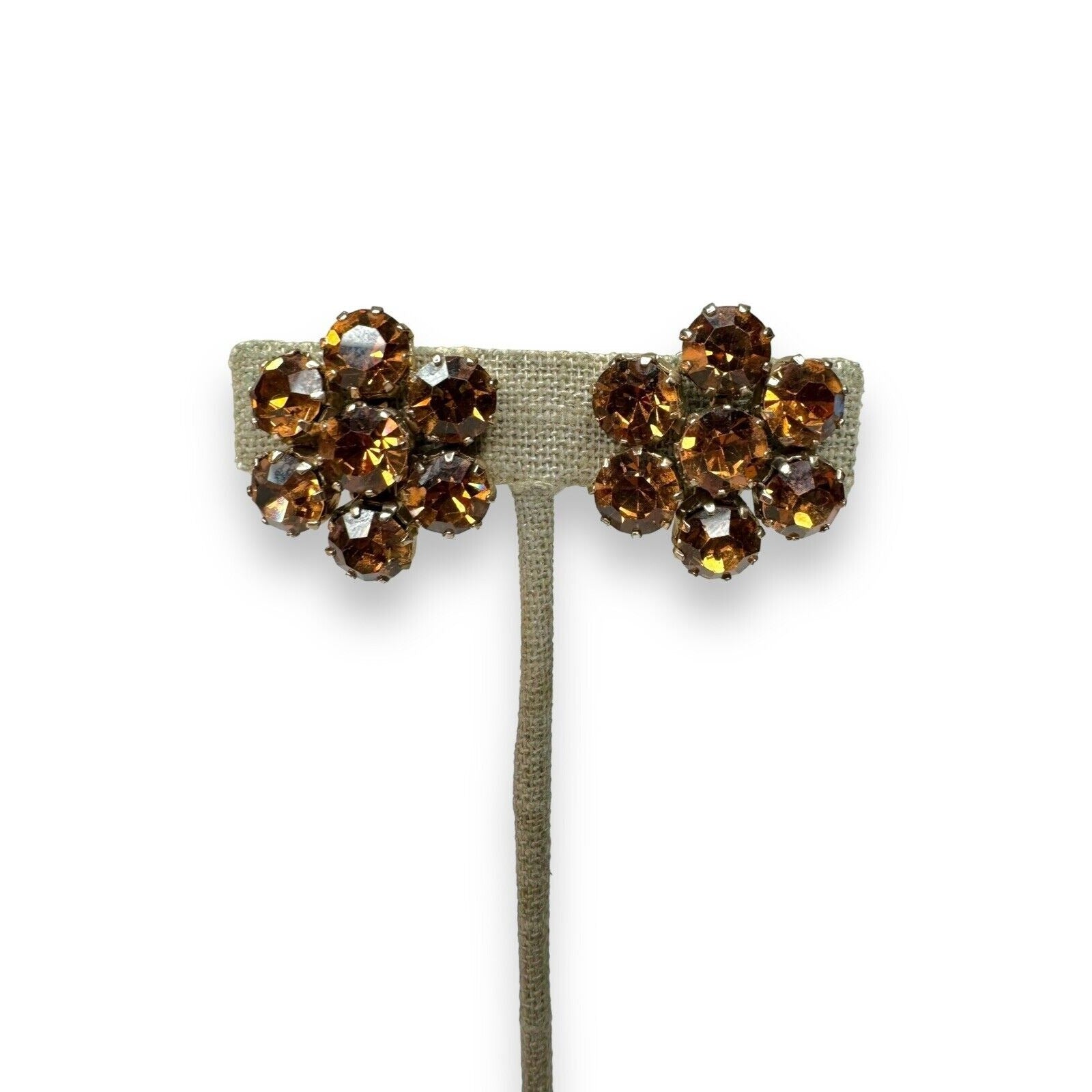 Weiss Vintage Brown Amber Rhinestone Clip On Earrings Gold Tone 1950s