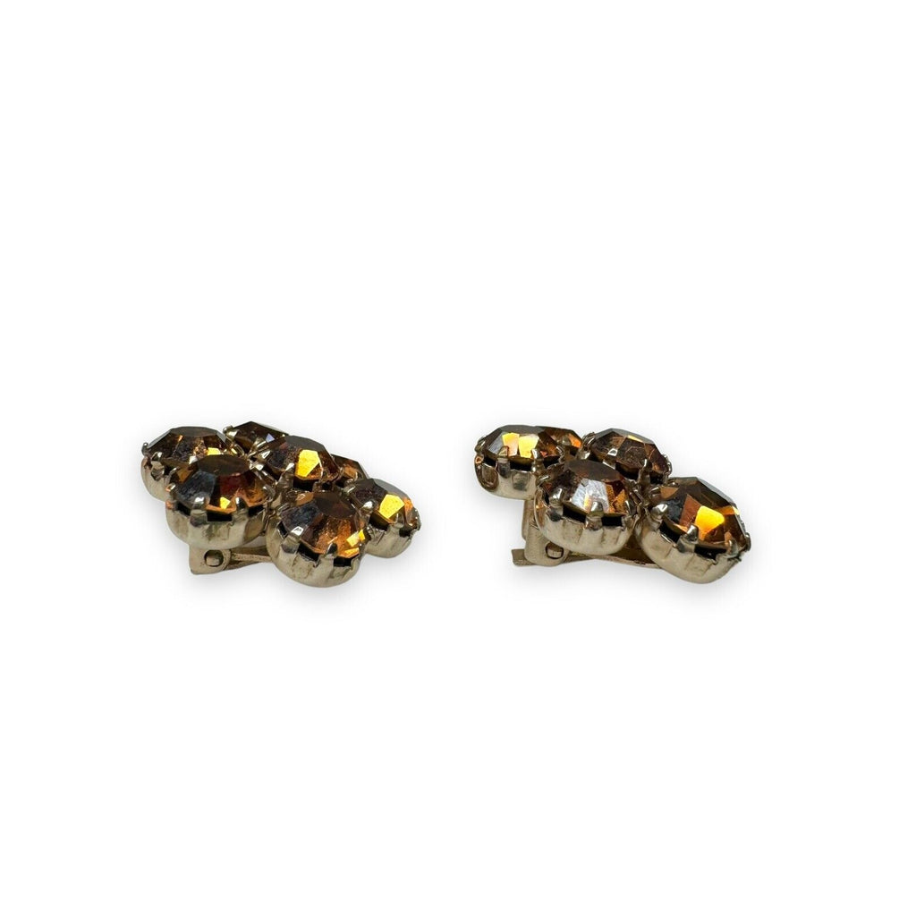 Weiss Vintage Brown Amber Rhinestone Clip On Earrings Gold Tone 1950s