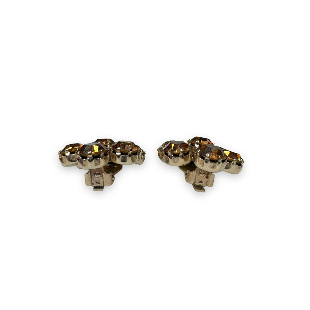 Weiss Vintage Brown Amber Rhinestone Clip On Earrings Gold Tone 1950s