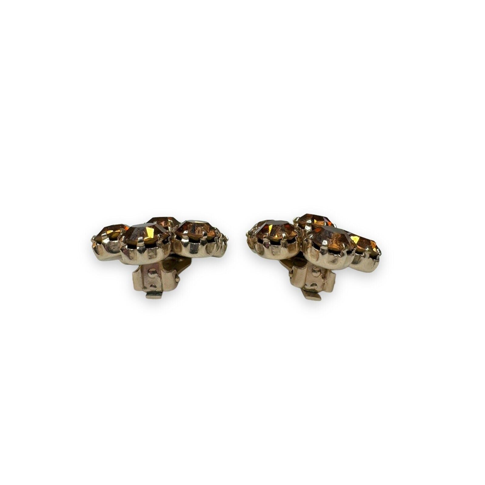 Weiss Vintage Brown Amber Rhinestone Clip On Earrings Gold Tone 1950s