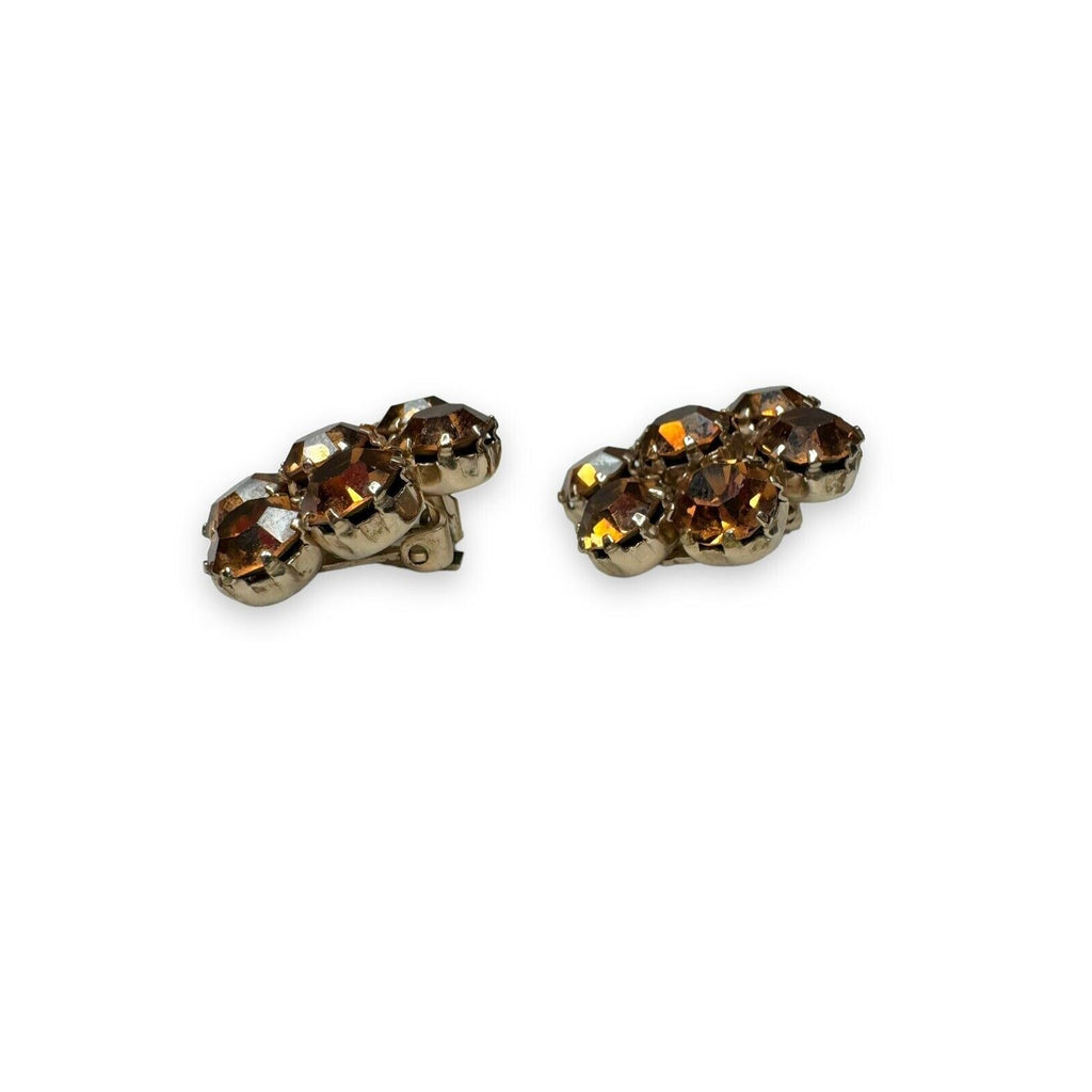 Weiss Vintage Brown Amber Rhinestone Clip On Earrings Gold Tone 1950s