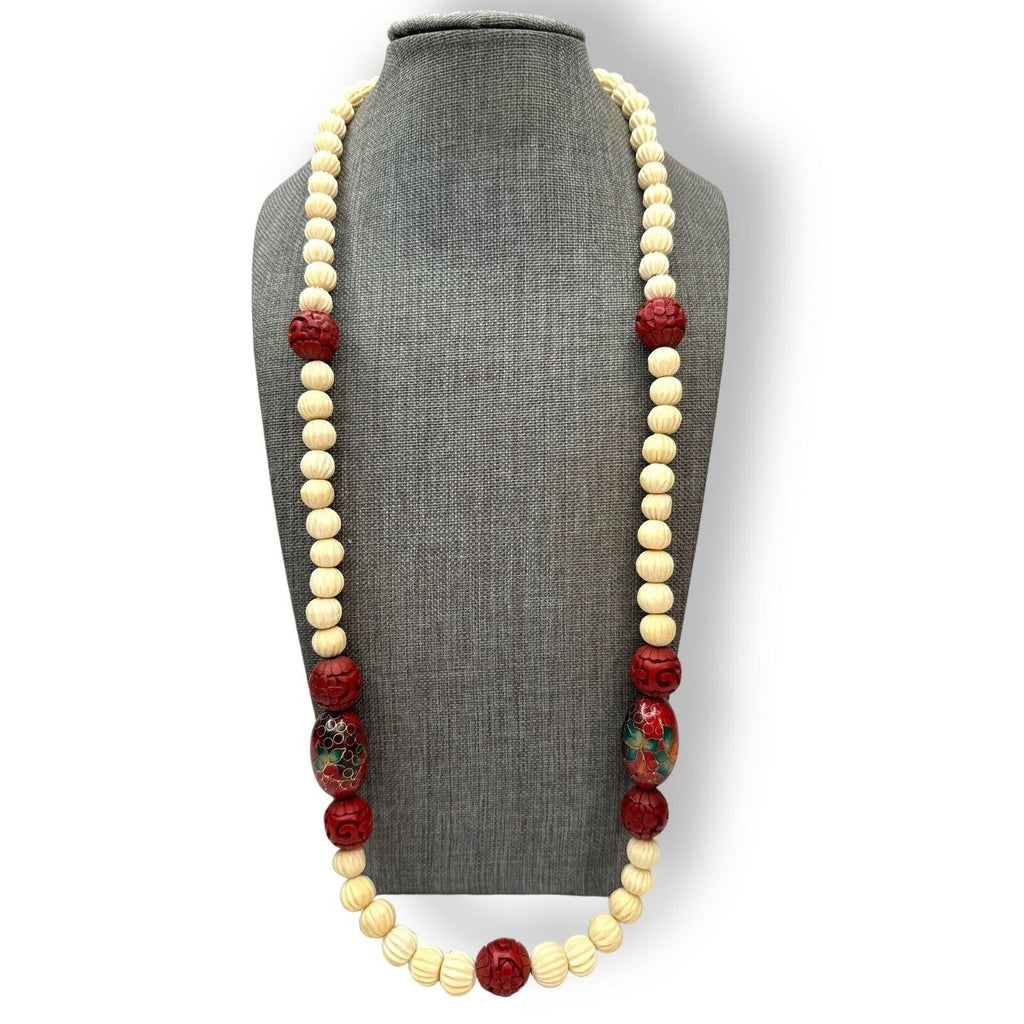 Carved Cinnabar Cloissone Necklace Spring Ring 29” Vintage