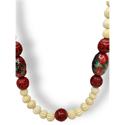 Carved Cinnabar Cloissone Necklace Spring Ring 29” Vintage