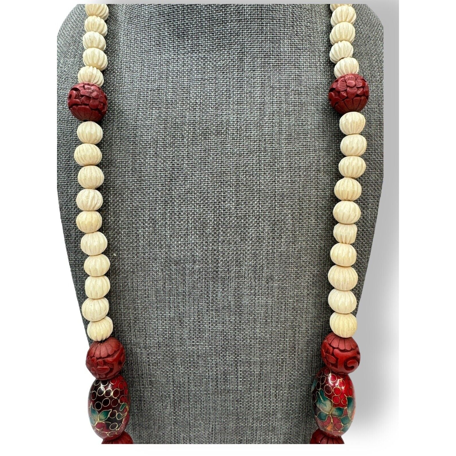 Carved Cinnabar Cloissone Necklace Spring Ring 29” Vintage