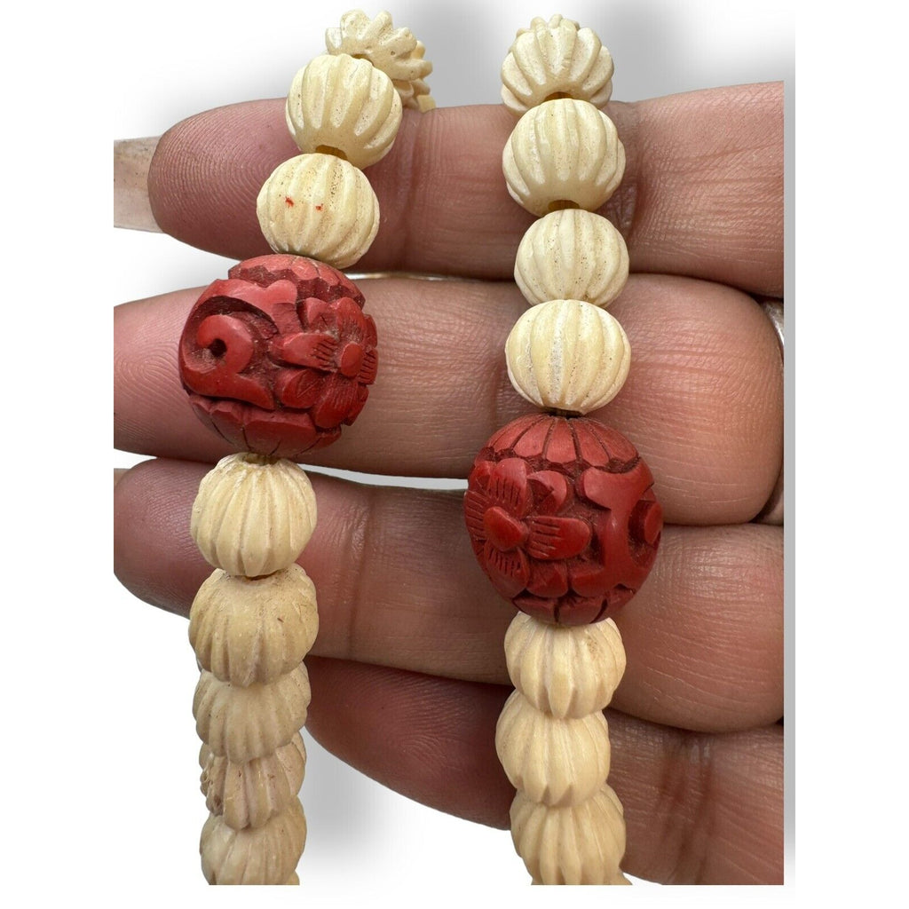 Carved Cinnabar Cloissone Necklace Spring Ring 29” Vintage