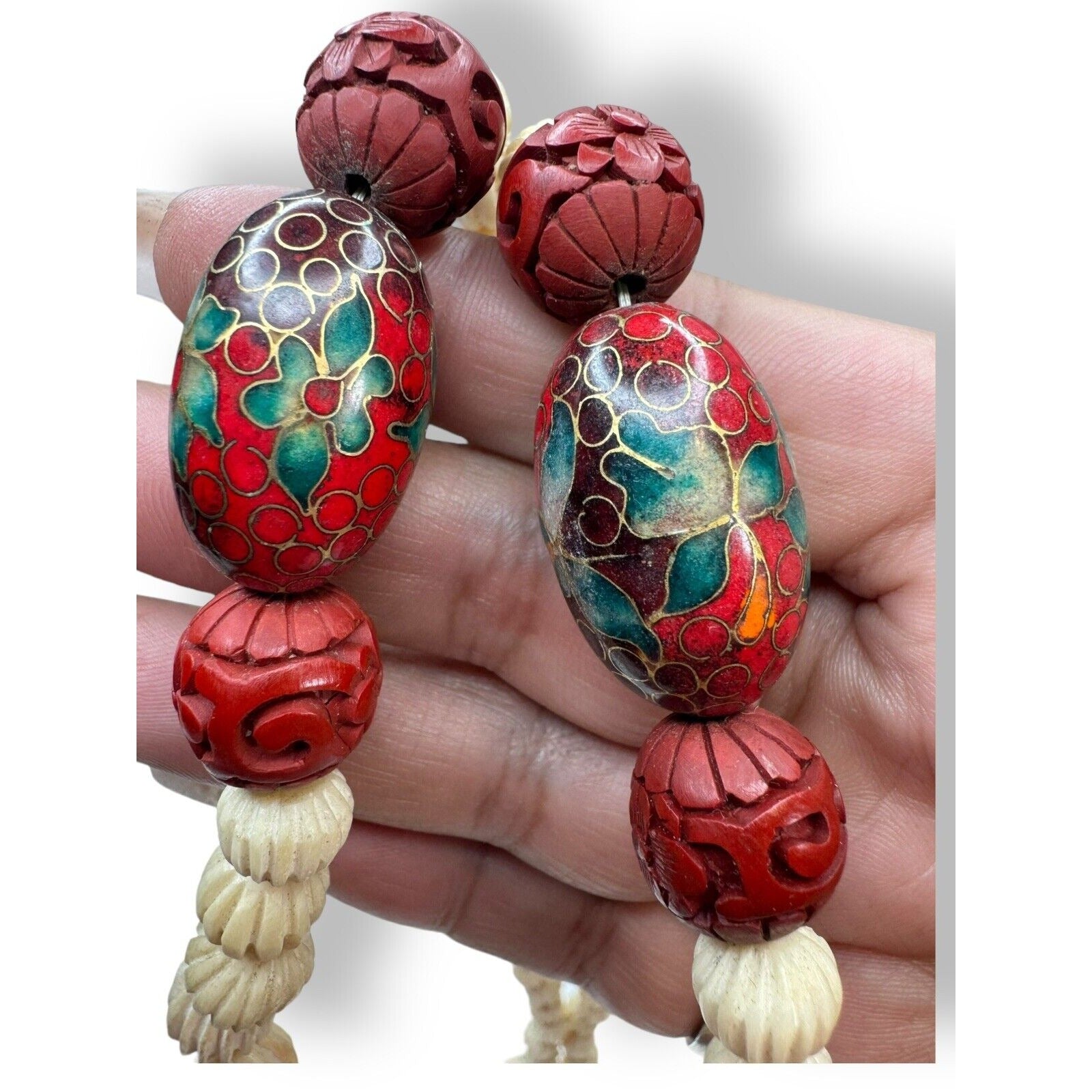 Carved Cinnabar Cloissone Necklace Spring Ring 29” Vintage