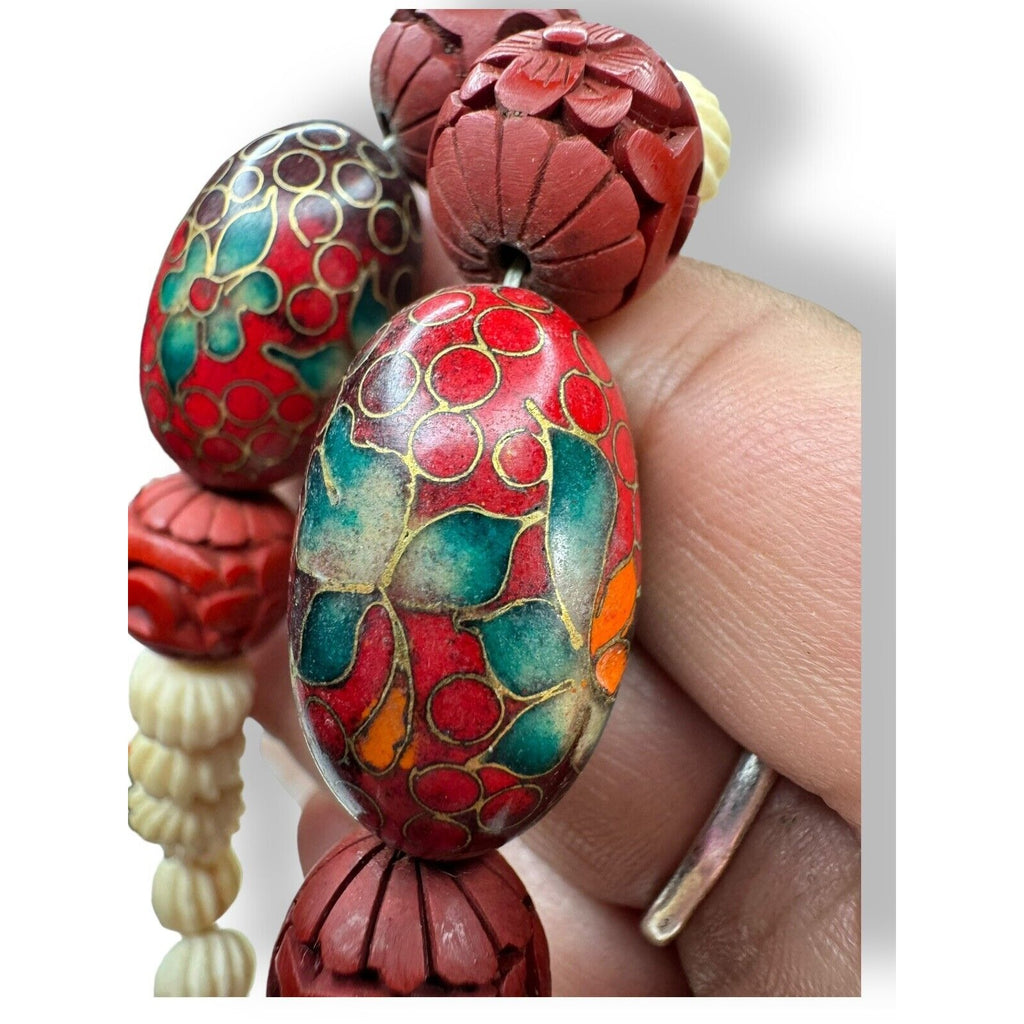 Carved Cinnabar Cloissone Necklace Spring Ring 29” Vintage