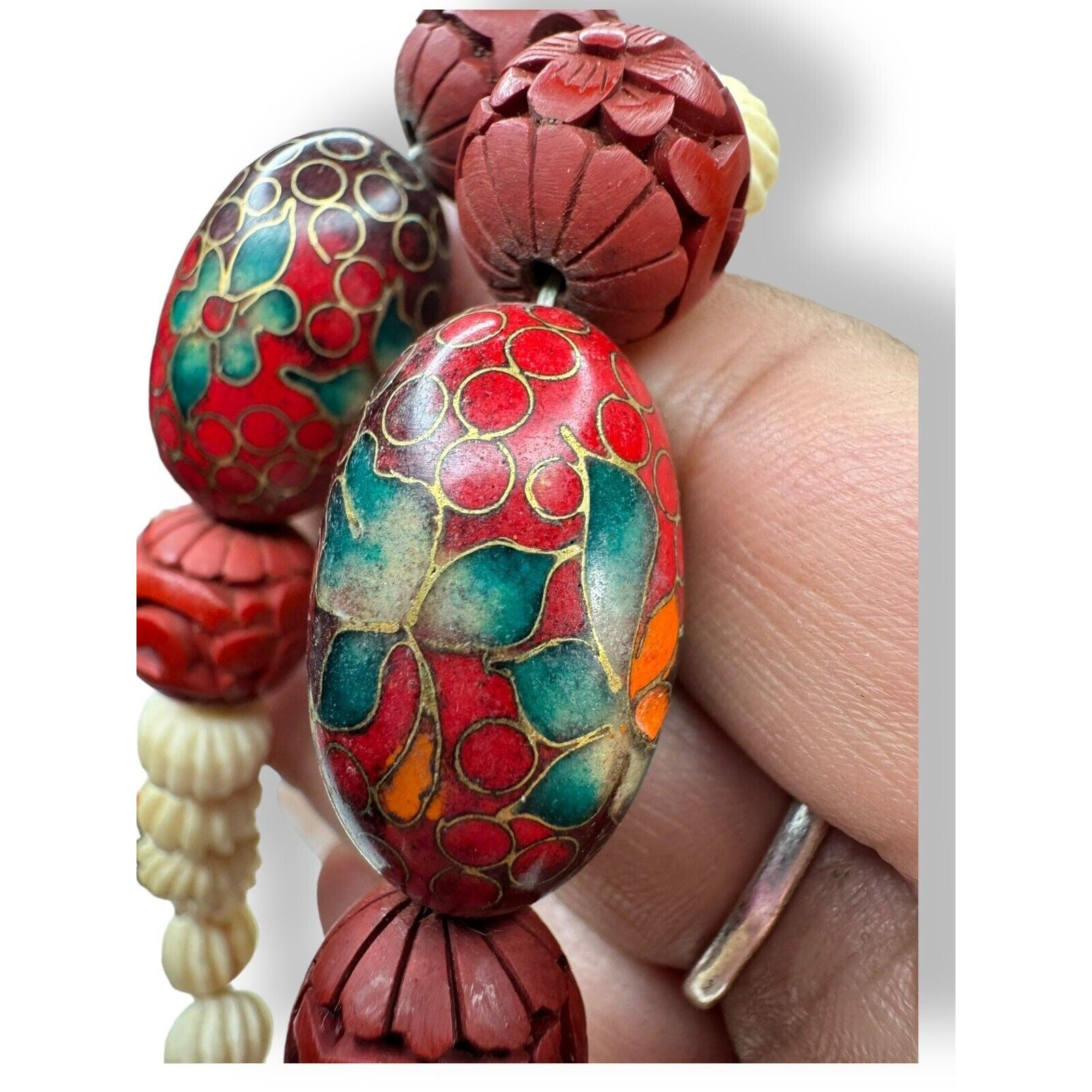 Carved Cinnabar Cloissone Necklace Spring Ring 29” Vintage