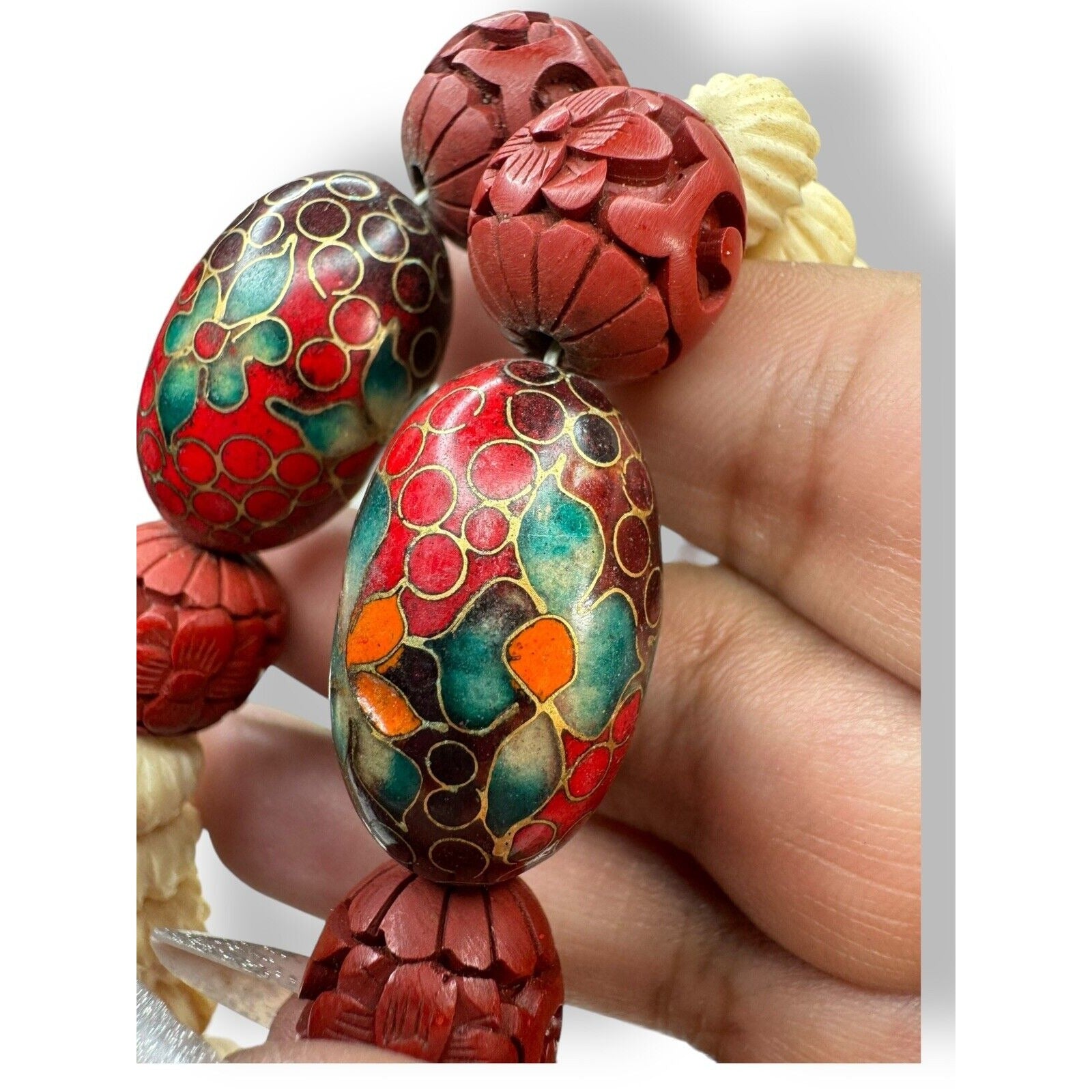 Carved Cinnabar Cloissone Necklace Spring Ring 29” Vintage