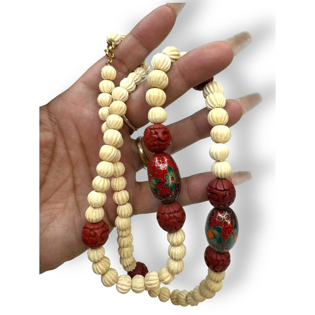 Carved Cinnabar Cloissone Necklace Spring Ring 29” Vintage