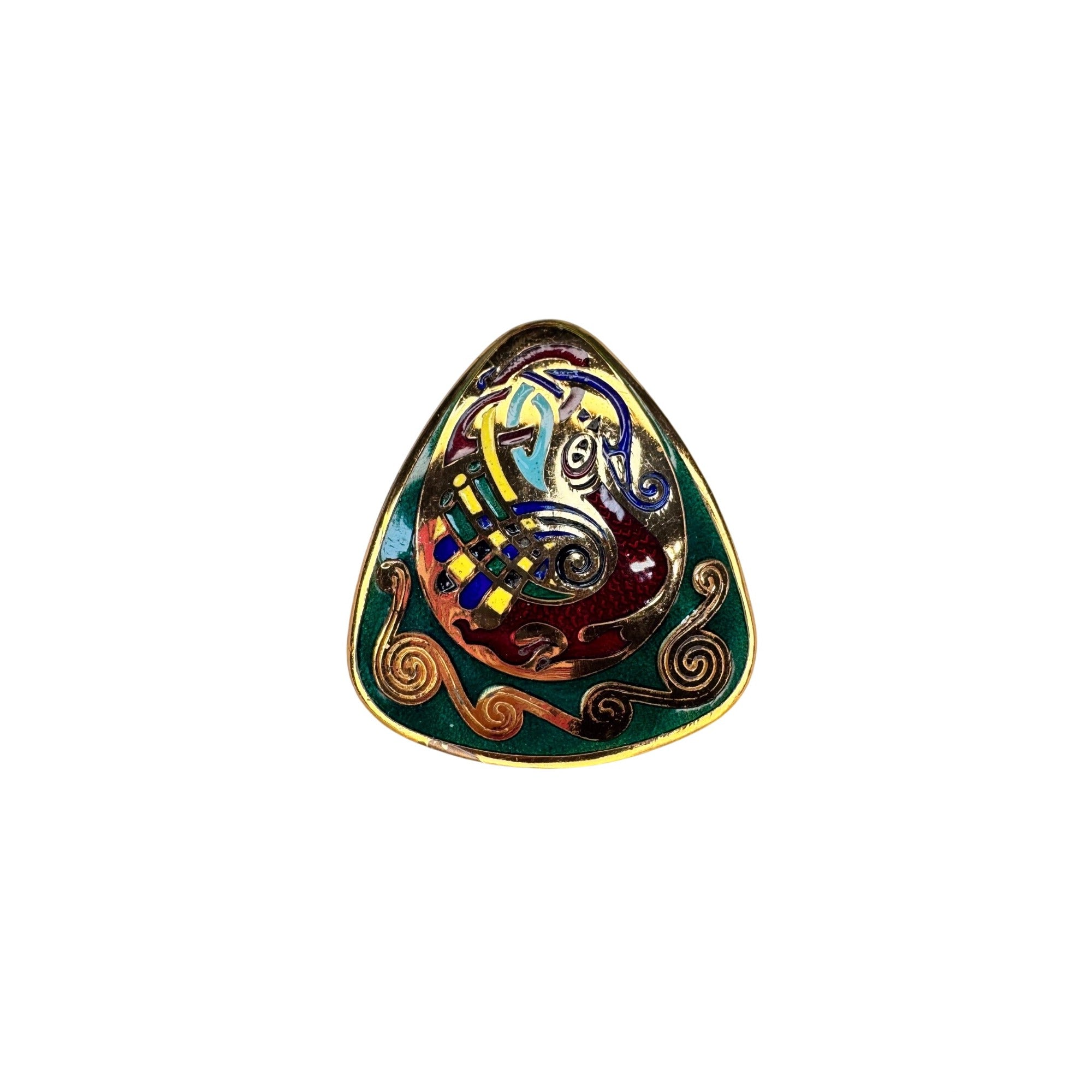 Celtic Enamel Brooch Pendant Peacock Multicolor Gold Tone Vintage