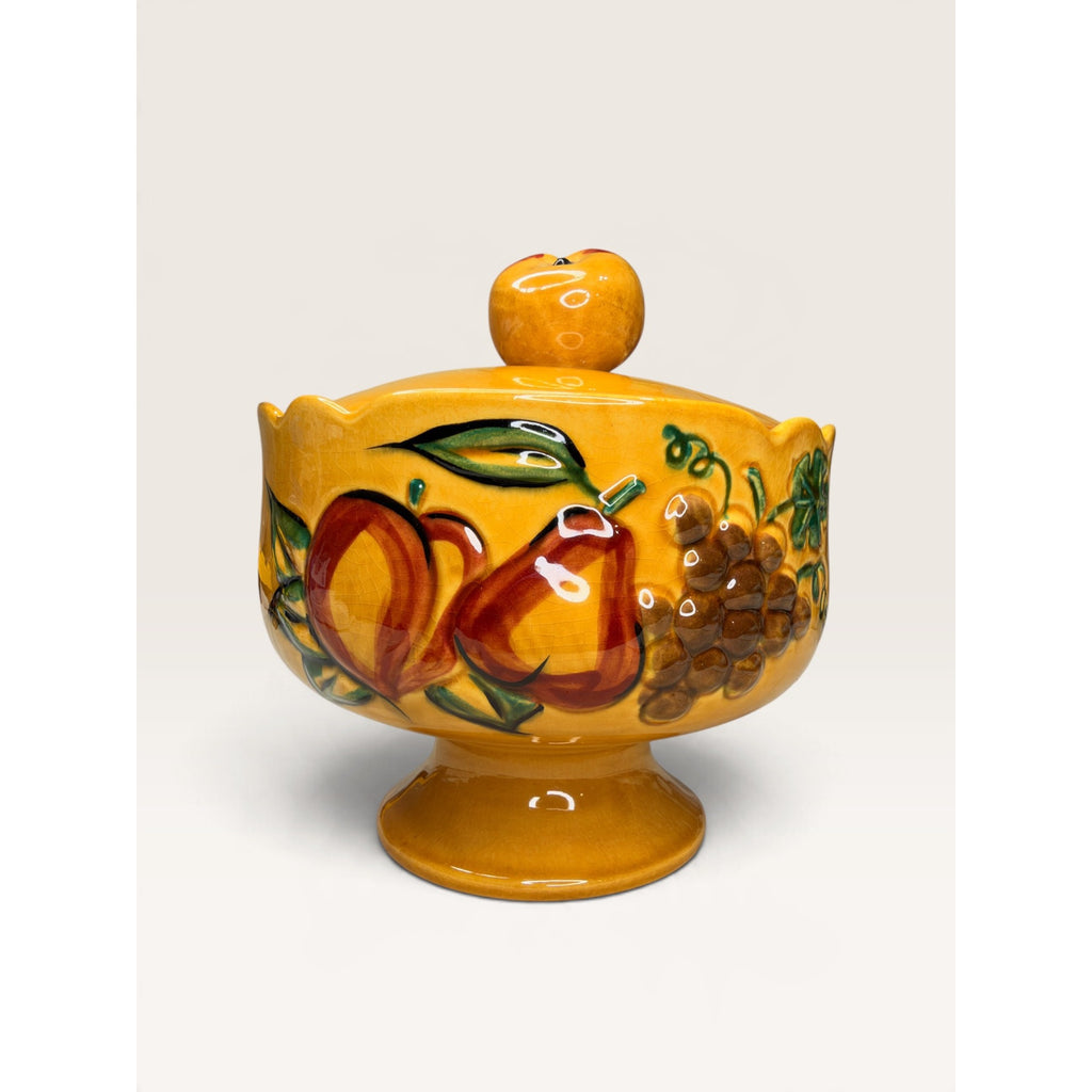 MCM California Pottery Mustard Fruit Covered Compote Jar 1960s Vintage
