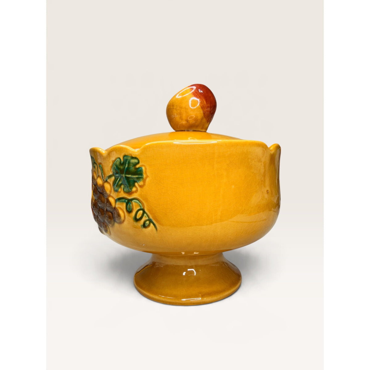 MCM California Pottery Mustard Fruit Covered Compote Jar 1960s Vintage