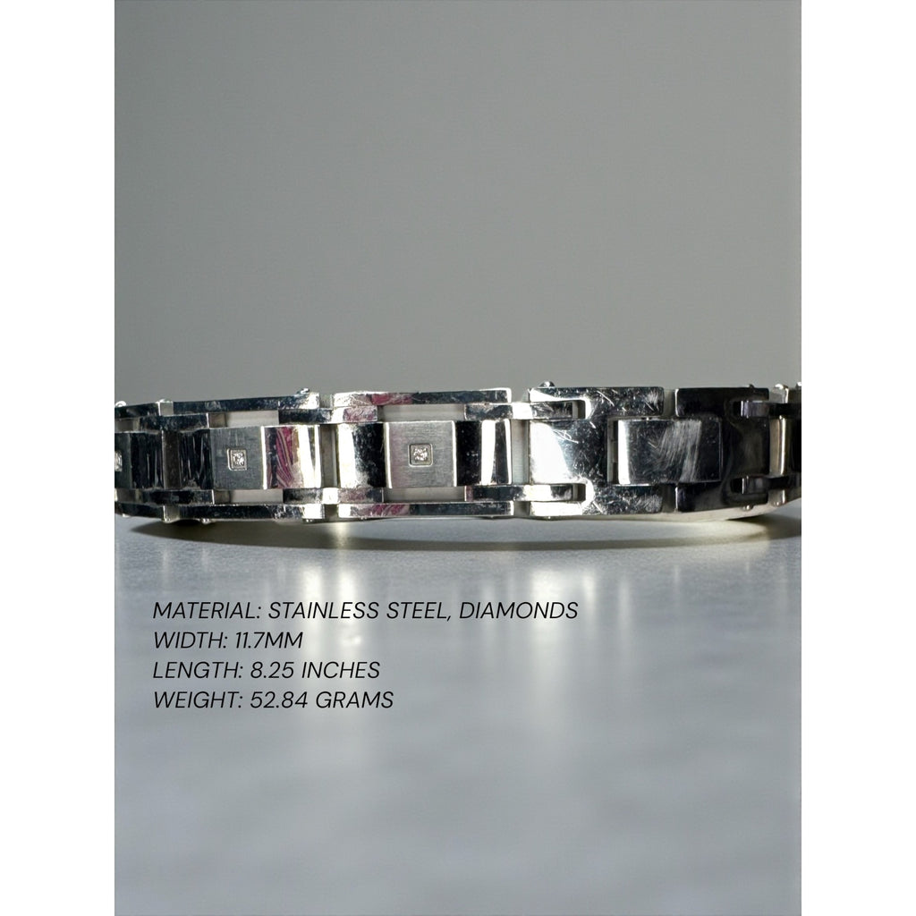 Diamond Accent Stainless Steel Link Bracelet Silver Tone Mens 2000s