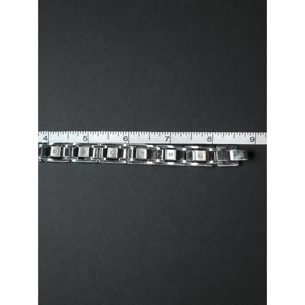 Diamond Accent Stainless Steel Link Bracelet Silver Tone Mens 2000s