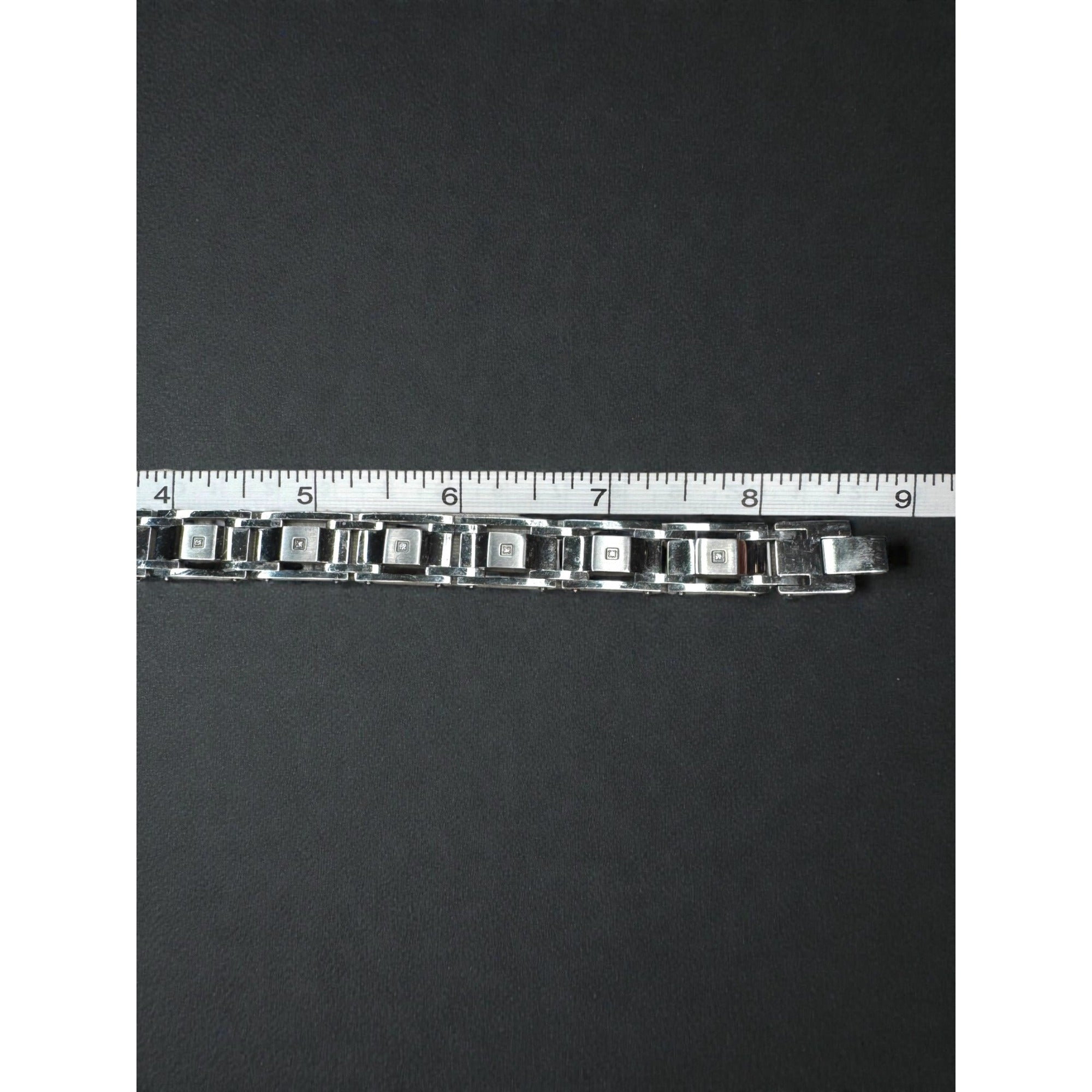 Diamond Accent Stainless Steel Link Bracelet Silver Tone Mens 2000s