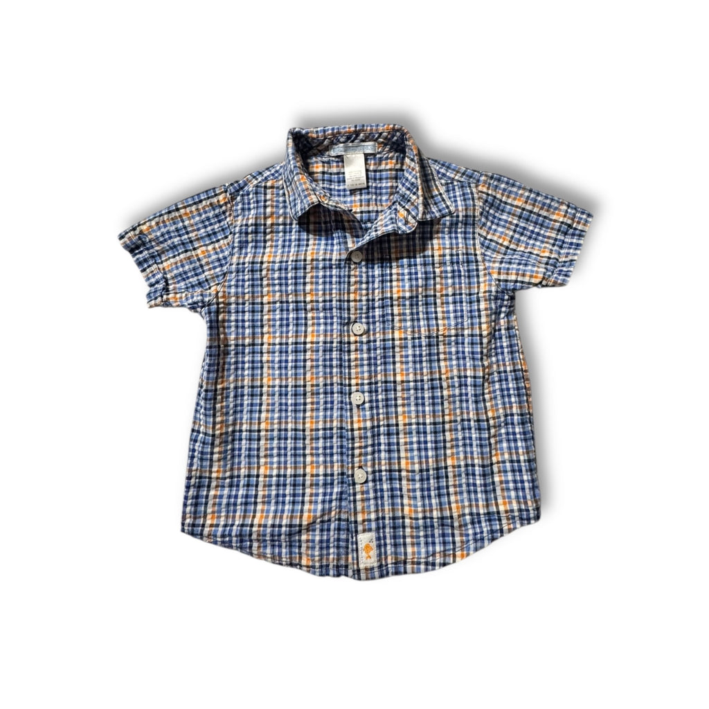 Janie & Jack Boys Button-Up Shirt Blue Orange Plaid 12-18 Months 100% Cotton