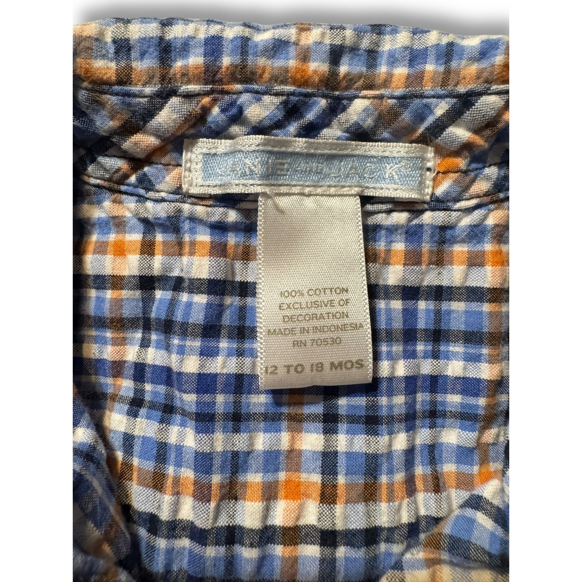 Janie & Jack Boys Button-Up Shirt Blue Orange Plaid 12-18 Months 100% Cotton