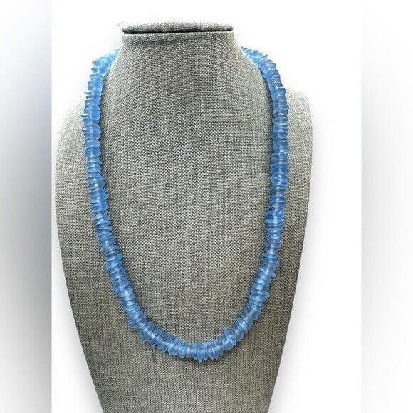 Crown Trifari 20.5” Blue Ripple Glass Bead Necklace Vintage 1960s Signed