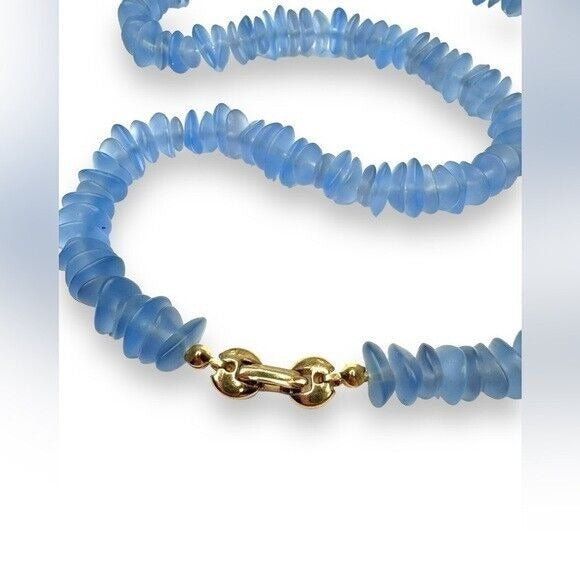 Crown Trifari 20.5” Blue Ripple Glass Bead Necklace Vintage 1960s Signed