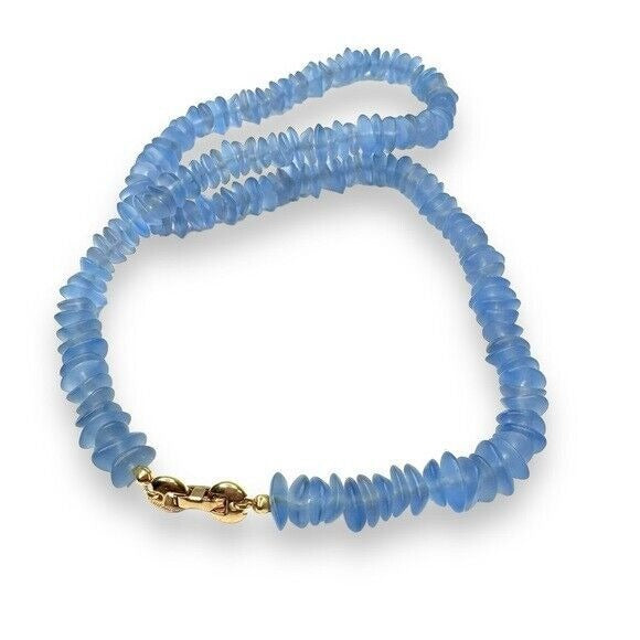 Crown Trifari 20.5” Blue Ripple Glass Bead Necklace Vintage 1960s Signed