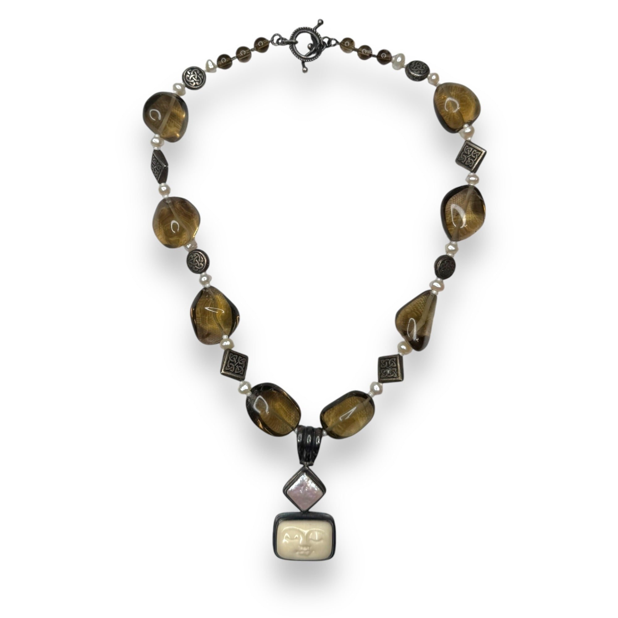 Balinese Sterling Silver Goddess Face Vintage 90s Whimsigoth Pearl Smoky Quartz