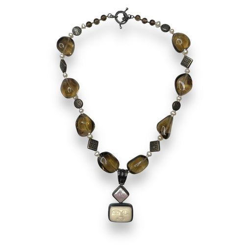 Balinese Sterling Silver Goddess Face Vintage 90s Whimsigoth Pearl Smoky Quartz