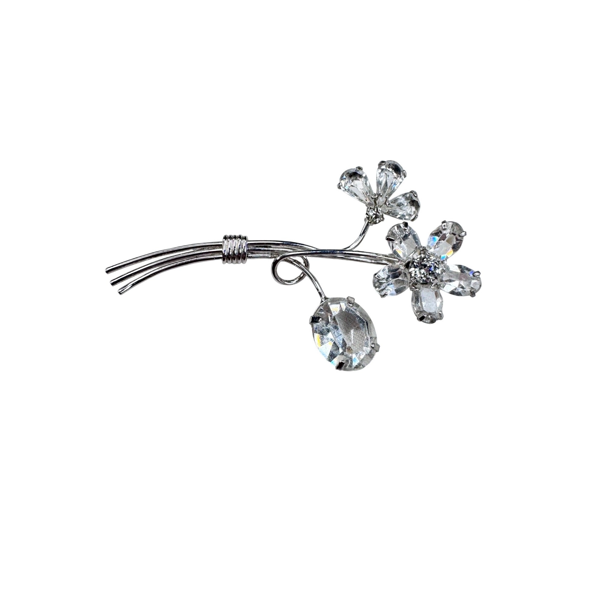 Unsigned Floral Brooch Silver Tone Clear Crystals Spray 1960s Vintage