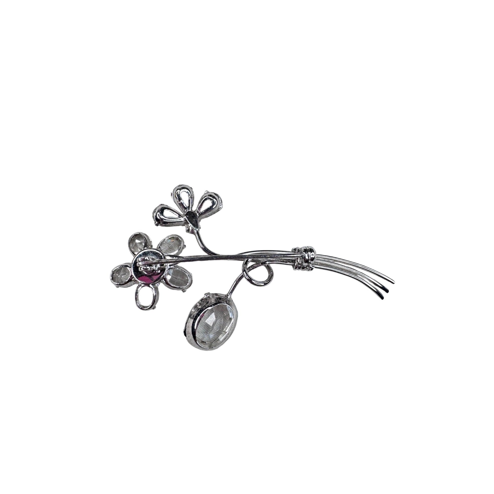 Unsigned Floral Brooch Silver Tone Clear Crystals Spray 1960s Vintage