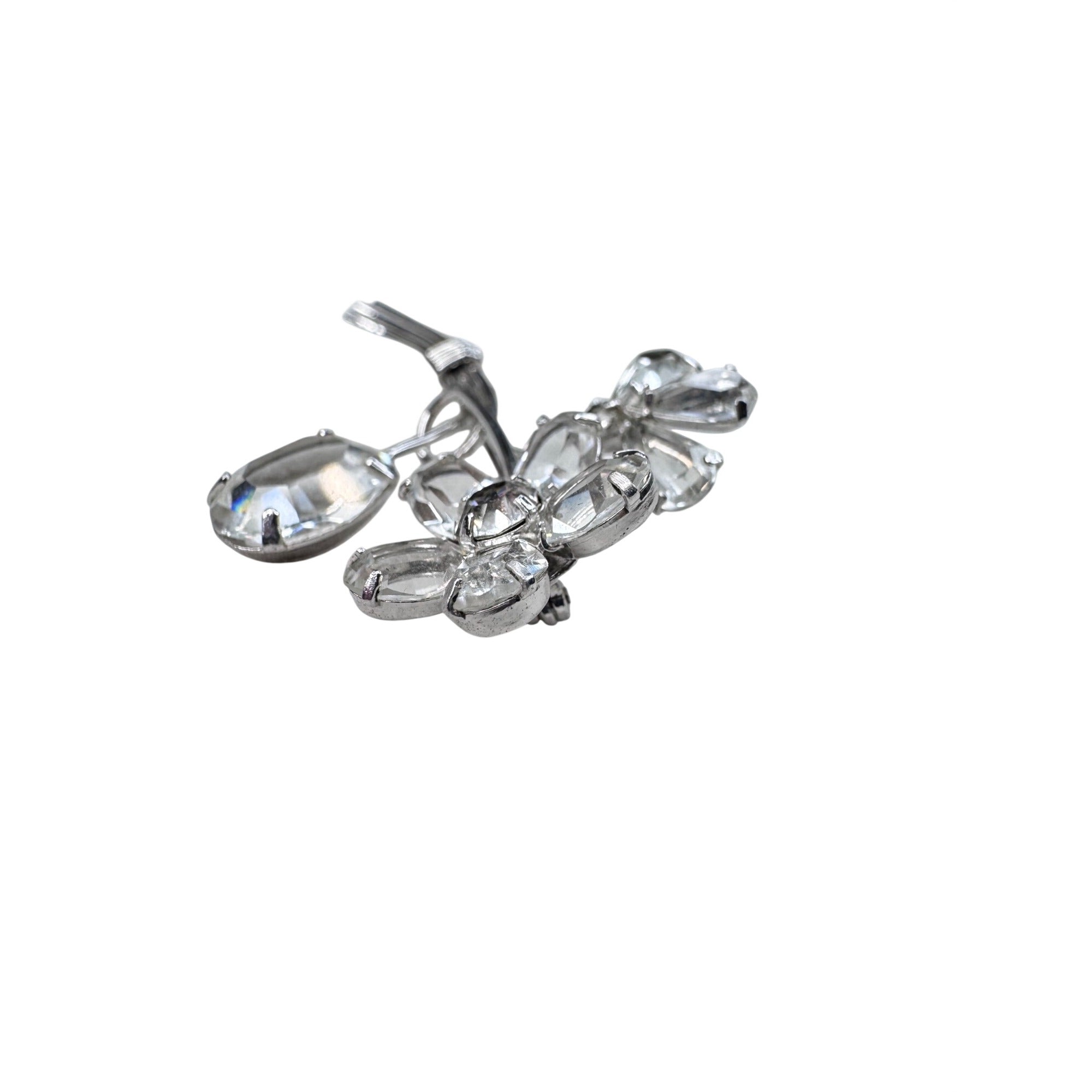 Unsigned Floral Brooch Silver Tone Clear Crystals Spray 1960s Vintage