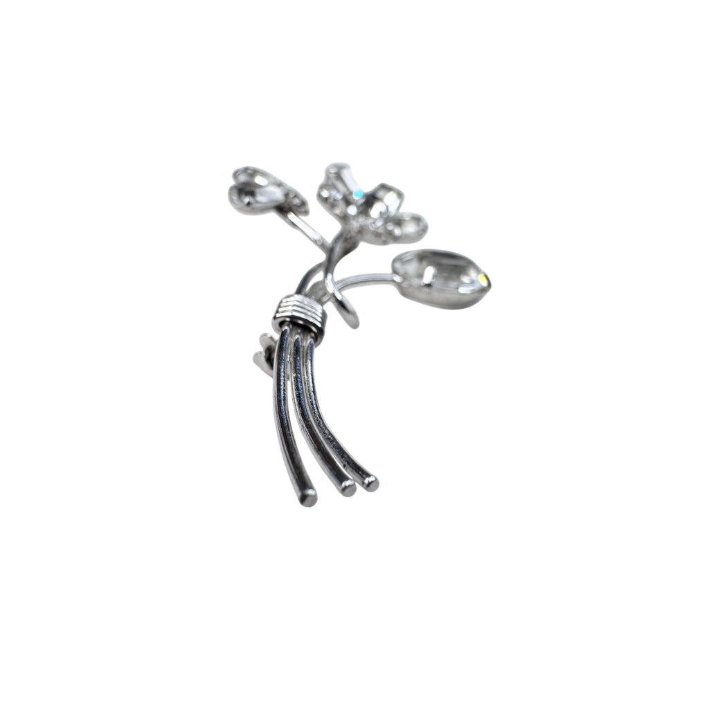 Unsigned Floral Brooch Silver Tone Clear Crystals Spray 1960s Vintage