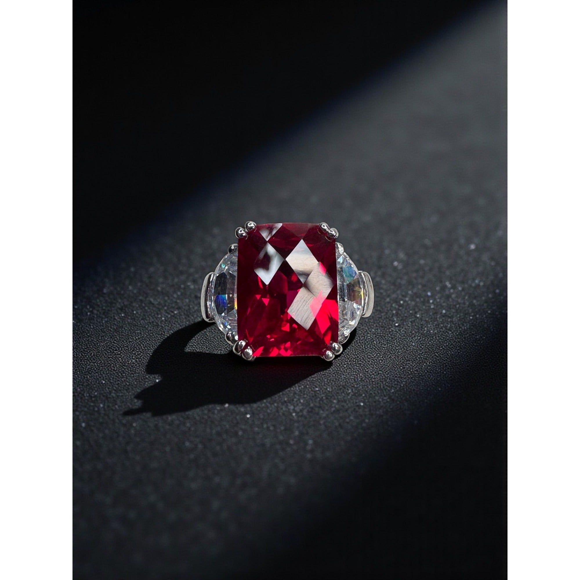 Red Lab Ruby Crystal Cocktail Ring Silver Tone UV Reactive Size 6.25