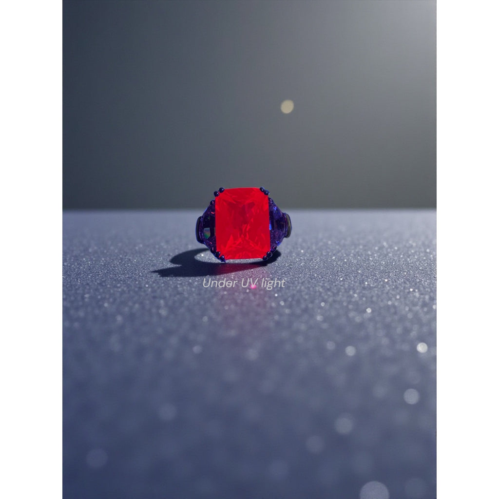 Red Lab Ruby Crystal Cocktail Ring Silver Tone UV Reactive Size 6.25