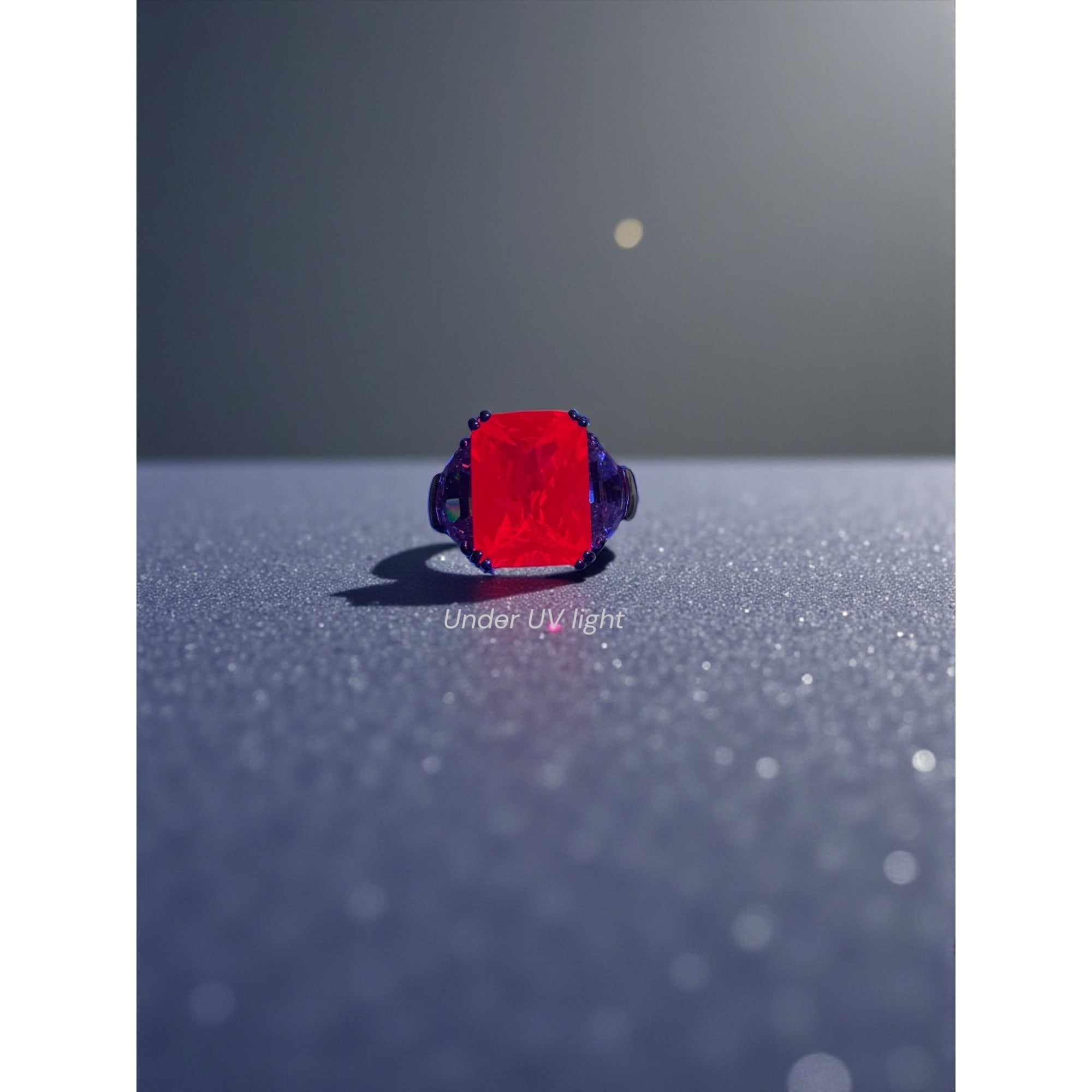 Red Lab Ruby Crystal Cocktail Ring Silver Tone UV Reactive Size 6.25