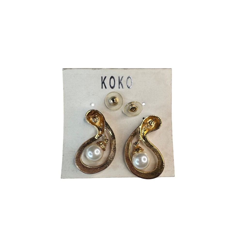 KOKO Pierced Earrings Gold Faux Pearl Drop 1990s Vintage
