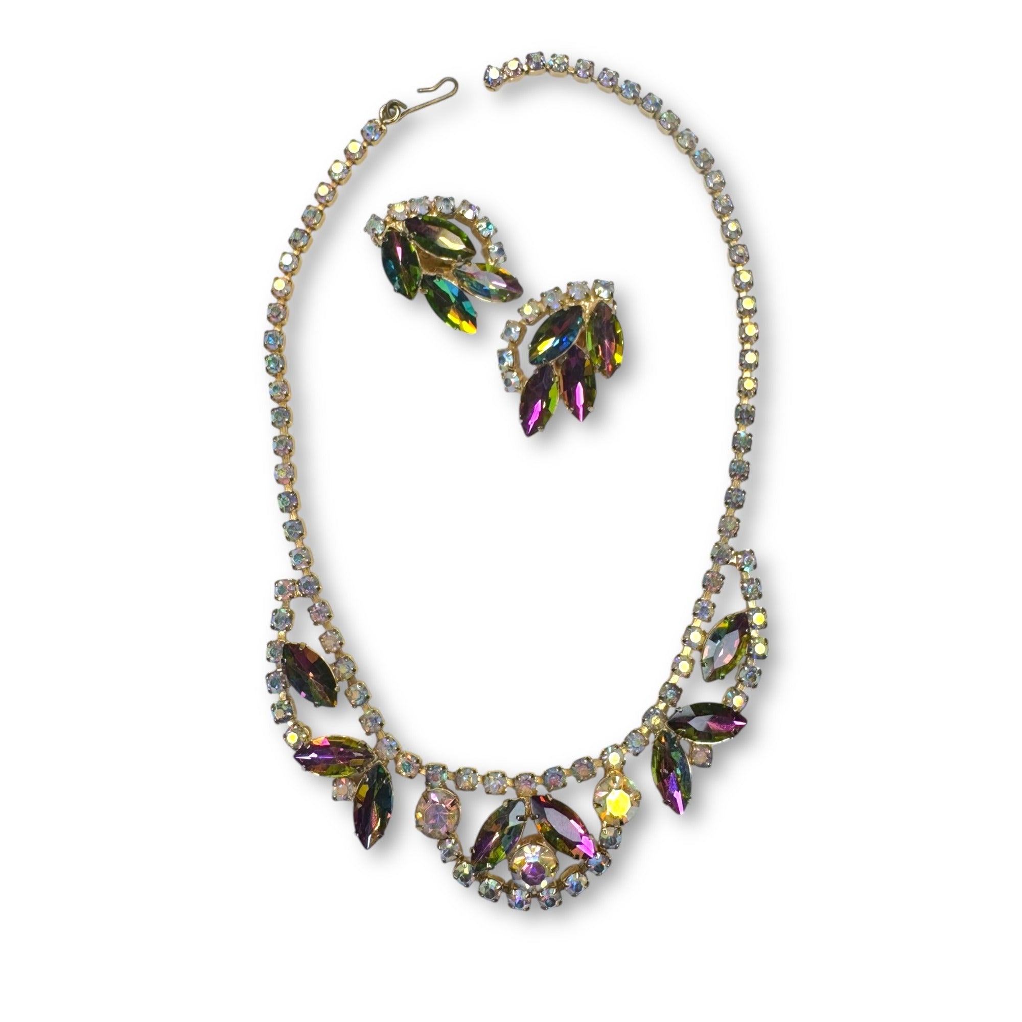 Juliana D&E Rhinestone Necklace Earrings Set AB Watermelon Navette Vintage